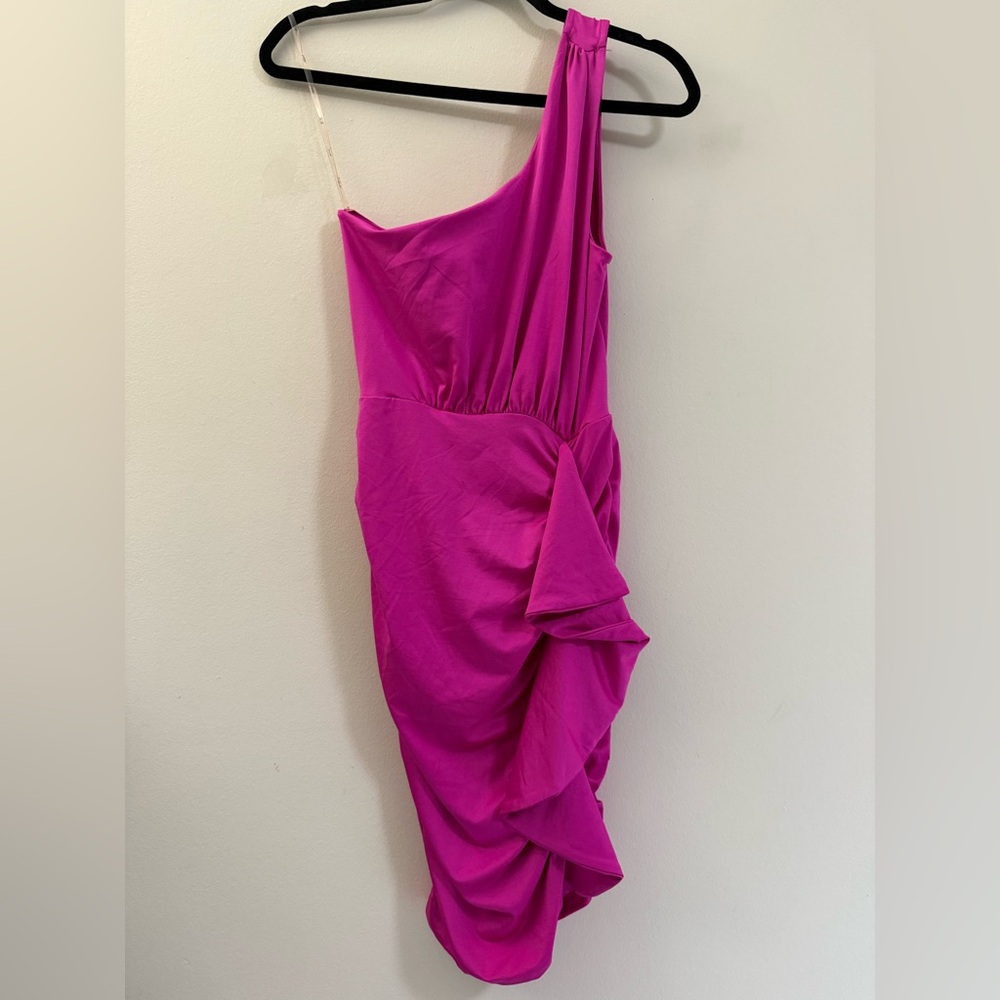 Iris Pink Asymmetrical One-Shoulder Bodycon Dress in Hot Magenta - S